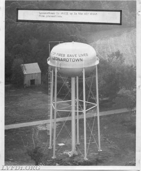 1970:  Fire prevention slogan on the water tower on Greenbriar Rd. This is believed to be the only water tower in Maryland to have a fire prevention slogan on it.  The slogan painting was originally paid for by the fire department for $440.00 and remained on the tower for over 40 years until being removed by the Town Government when repainted in 2014. 